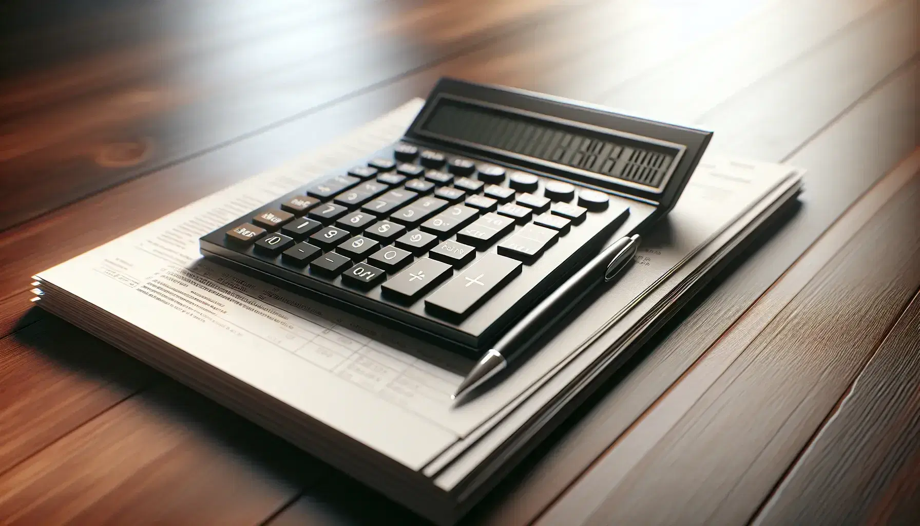 Close-up view of a black calculator with white buttons on a polished wooden desk beside a stack of organized, tabbed papers.