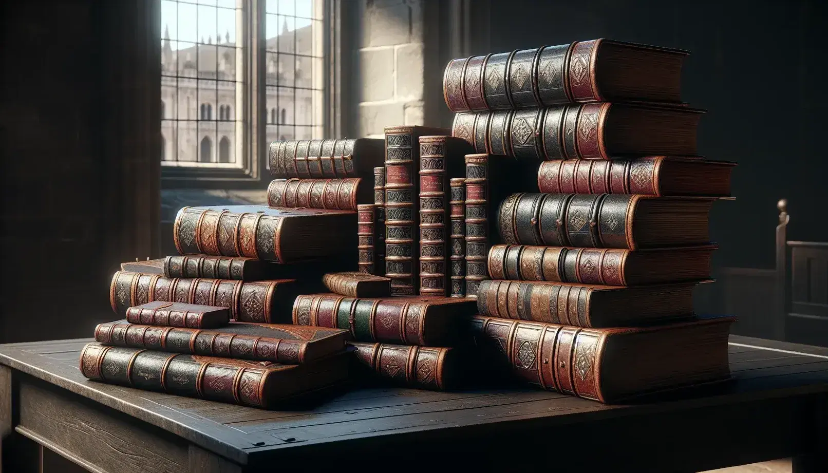 Libri antichi impilati su tavolo in legno scuro in una stanza con pareti in pietra e finestra aperta che rivela edifici storici sfocati.