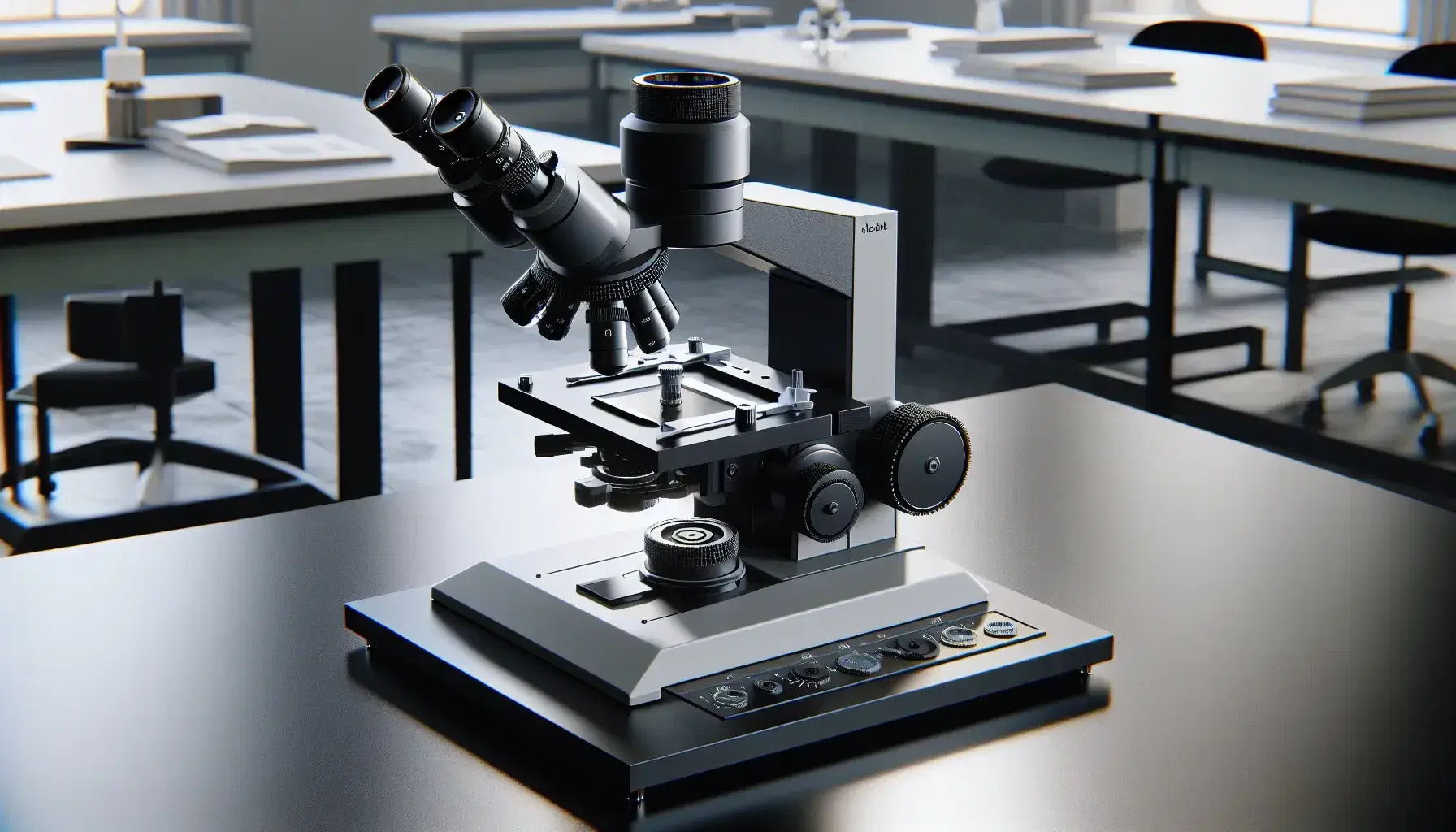 Microscopio compuesto moderno en laboratorio con oculares, revolver con cuatro objetivos y platina con preparación microscópica.