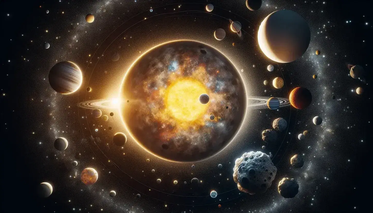 Composición espacial con estrella central amarilla y naranja, planetas de diversos colores con y sin anillos, y un asteroide gris.