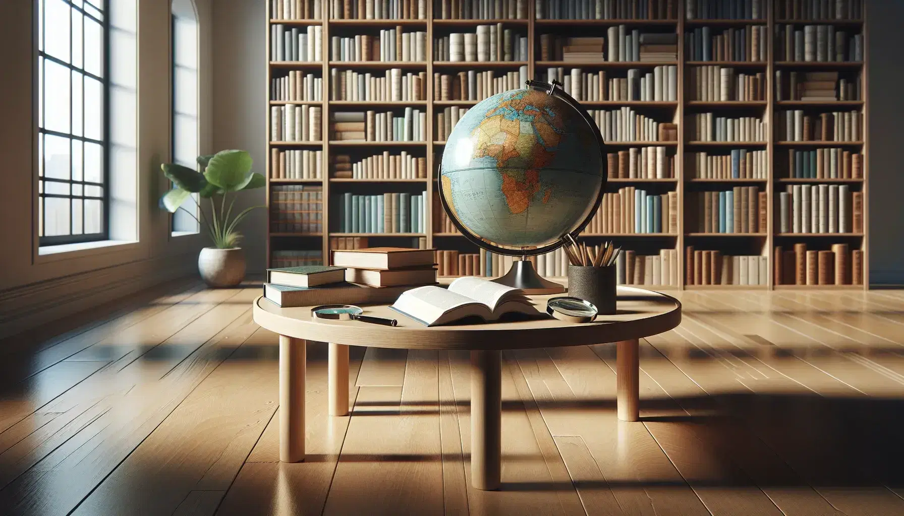 Biblioteca luminosa con estantes de madera llenos de libros, mesa con globo terráqueo y lupa sobre libro abierto, planta verde al fondo y suelo de madera pulida.