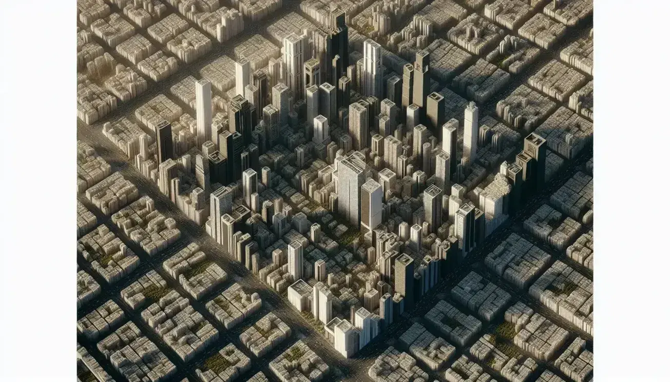 Vista aérea de una ciudad densamente poblada con rascacielos centrales, edificios más bajos alrededor, calles entrecruzadas y áreas verdes periféricas.