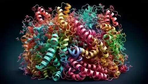 Three-dimensional molecular model of a protein with red alpha-helices, yellow beta sheets and colored side chains on a gradient background.