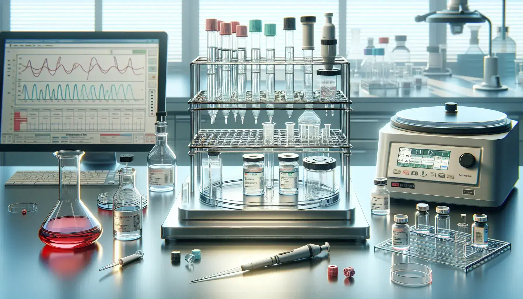 Sterile laboratory workbench with a glass vial in a metal rack, modern pipette on stand, petri dish with gel, and a digital centrifuge in the background.