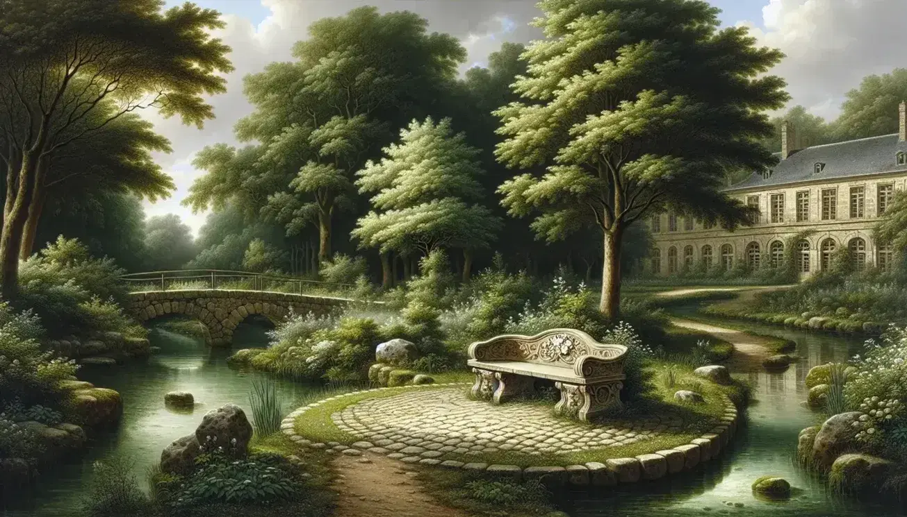 Serene French-style garden with a carved stone bench, meandering stream, rustic footbridge, and a classical stone building amid lush greenery.