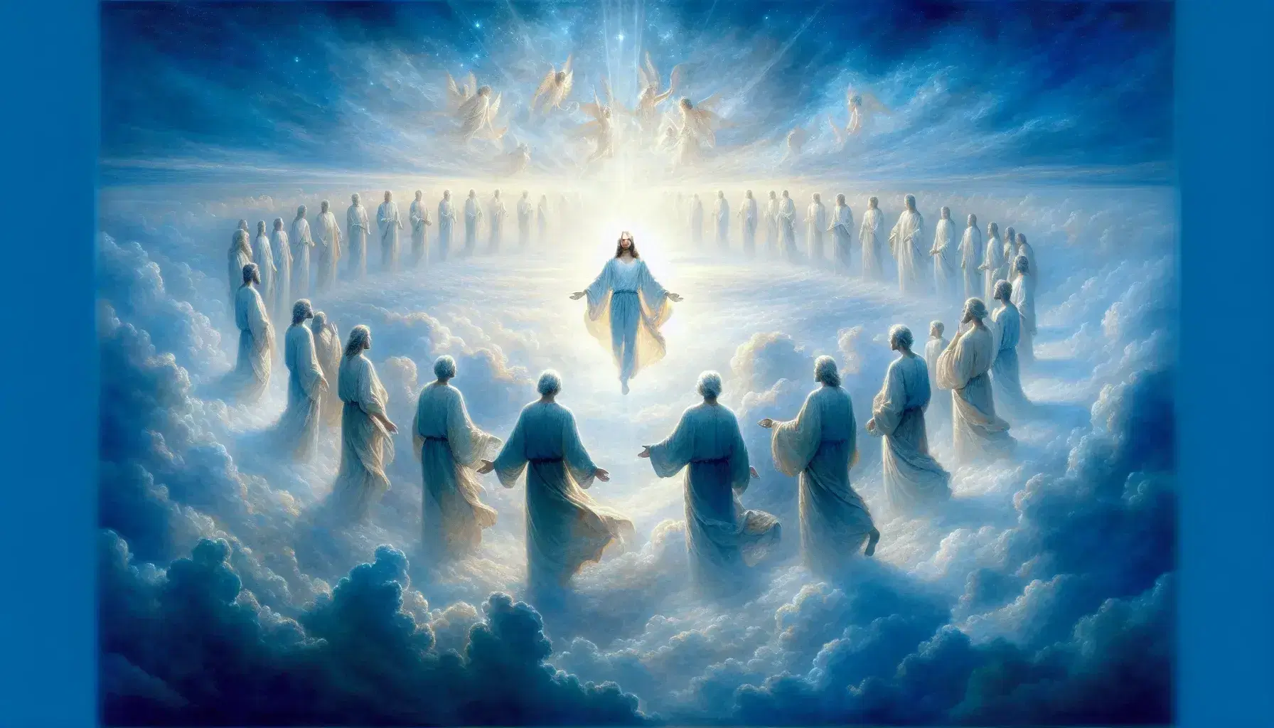 Figura umana con braccia aperte e sguardo al cielo, circondata da luce e gruppo di figure in semicerchio su sfondo azzurro con nuvole.