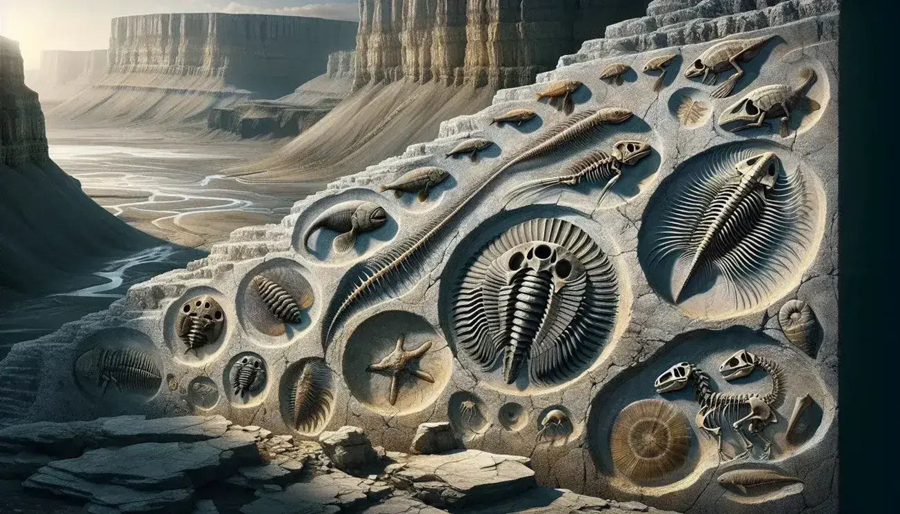 Sequenza cronologica di fossili da trilobite a mammifero antico su strati di roccia sedimentaria, evidenziando l'evoluzione della vita.