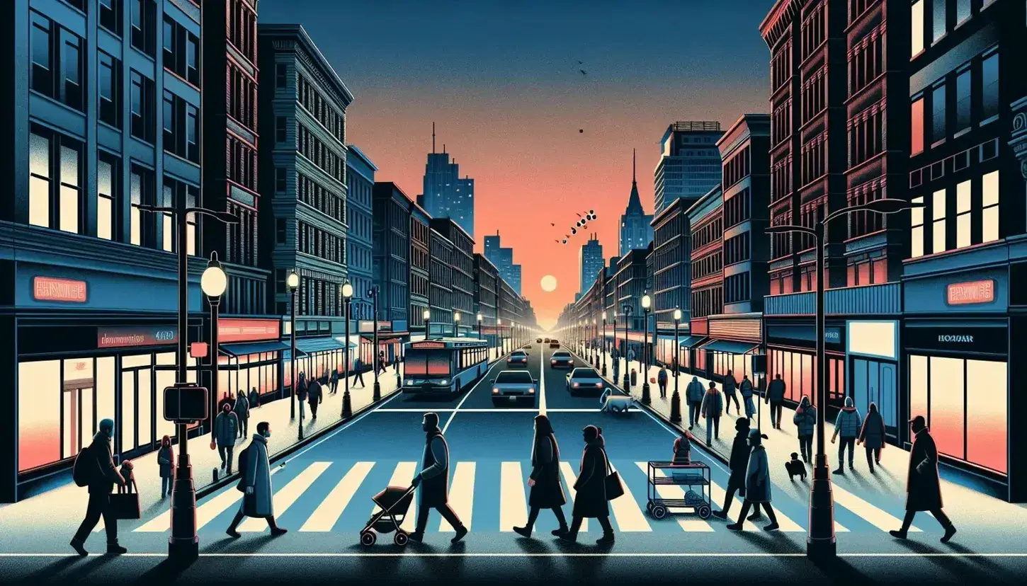 Urban street scene at dusk with pedestrians, a stroller, a dog on a leash and traffic on a road with a green light, next to a park.
