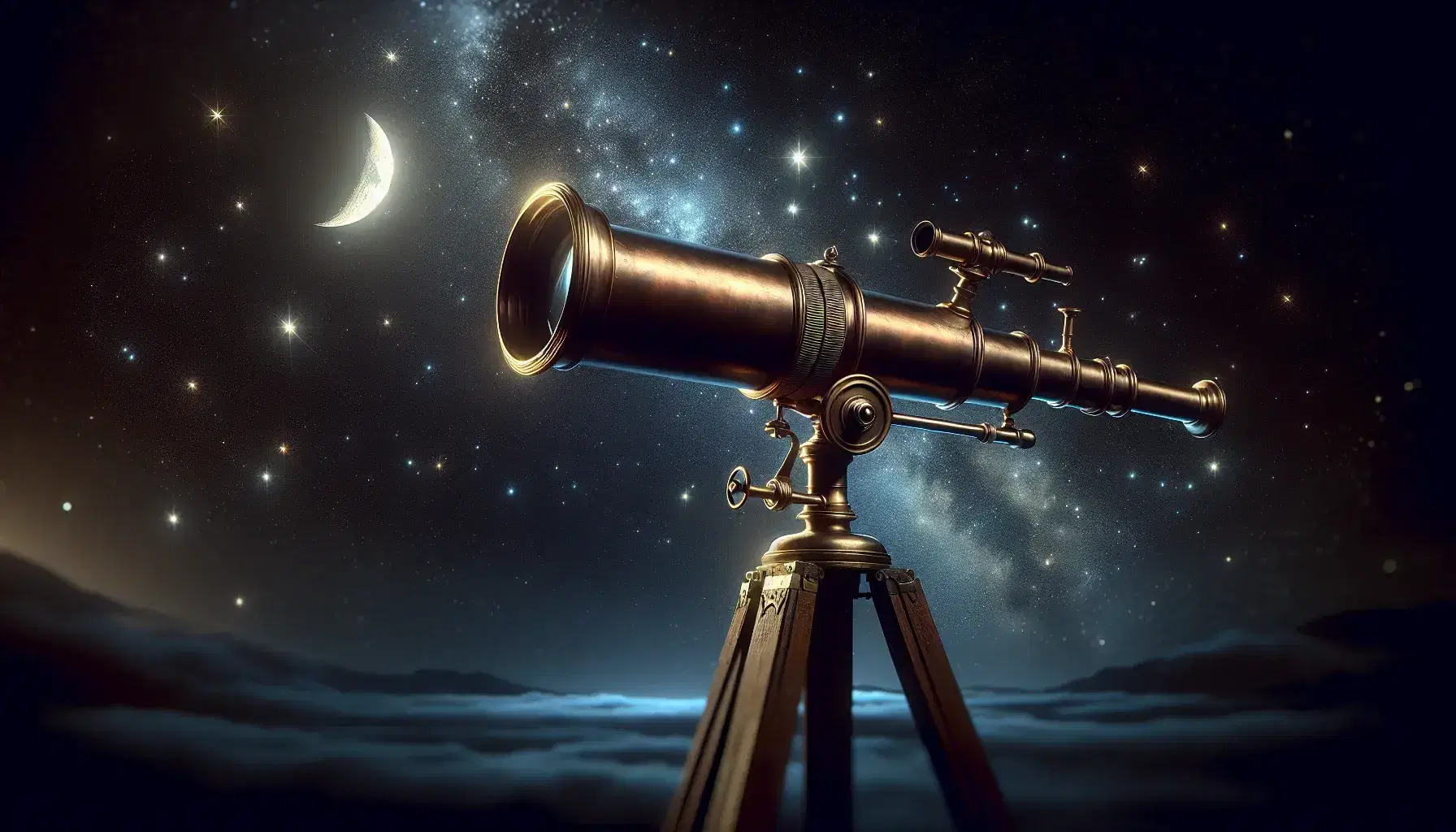 Telescopio antico in bronzo su treppiede di legno con cielo notturno stellato e luna crescente in sfondo.
