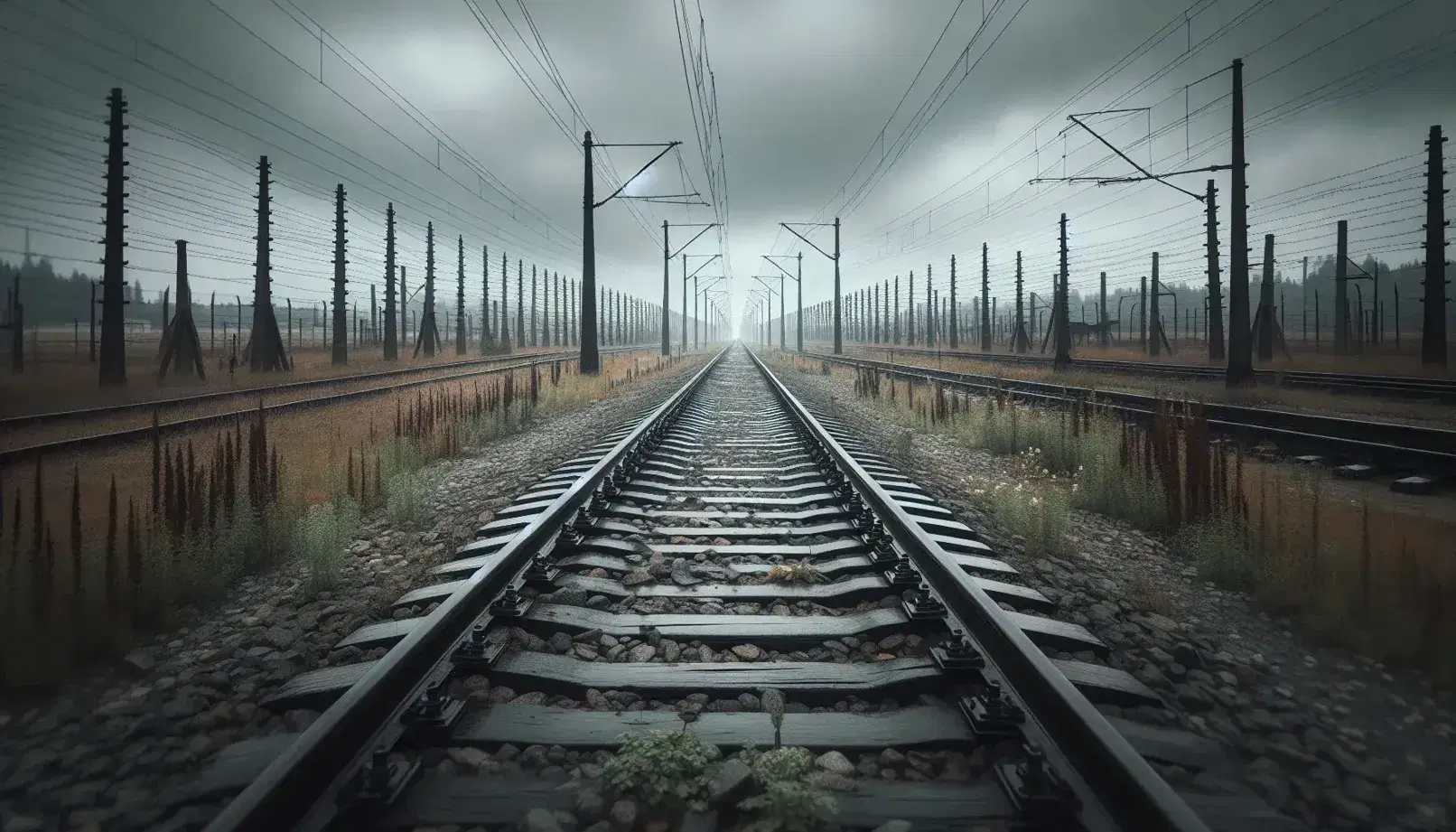 Binari ferroviari che convergono all'orizzonte su ghiaia grigia con cielo nuvoloso e filo spinato a sinistra.