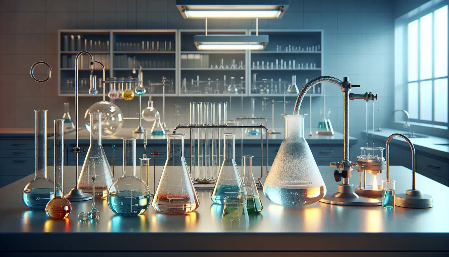 Laboratorio de química con matraces Erlenmeyer de líquidos coloridos, tubo de ensayo en soporte metálico y mechero Bunsen encendido, sin personas.