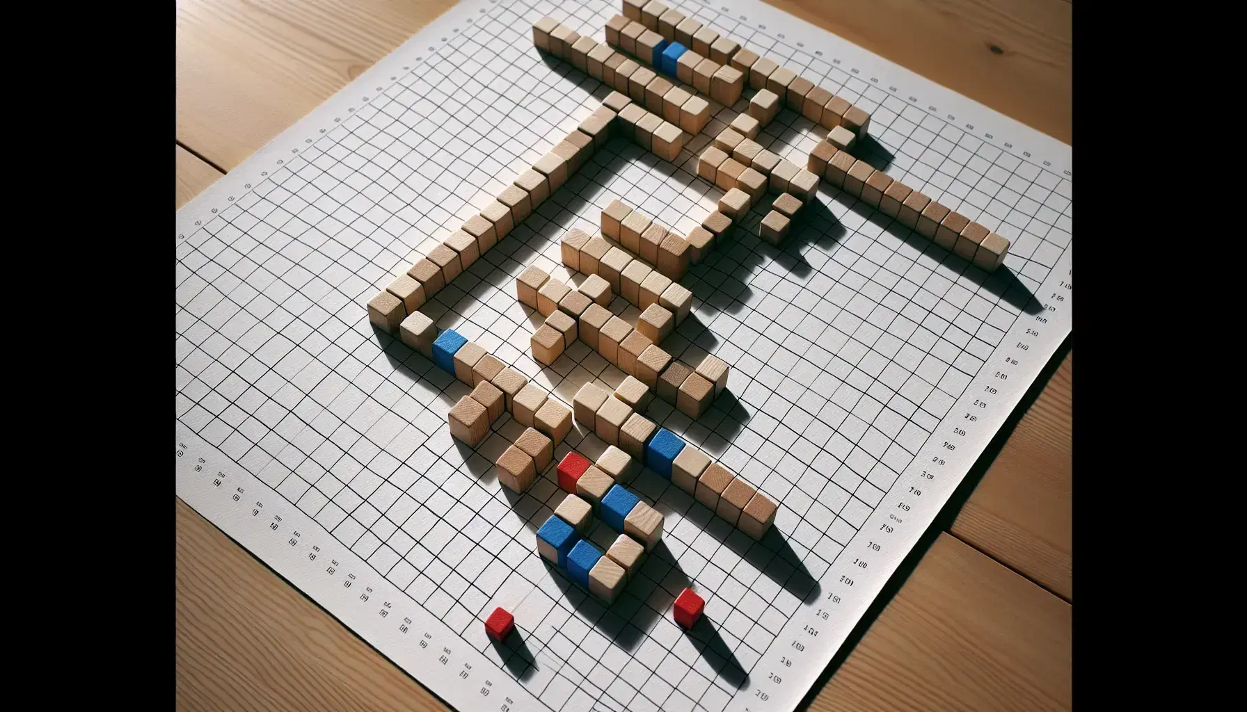 Close-up of a hand-drawn grid on white paper with colorful and natural wooden blocks forming a path.