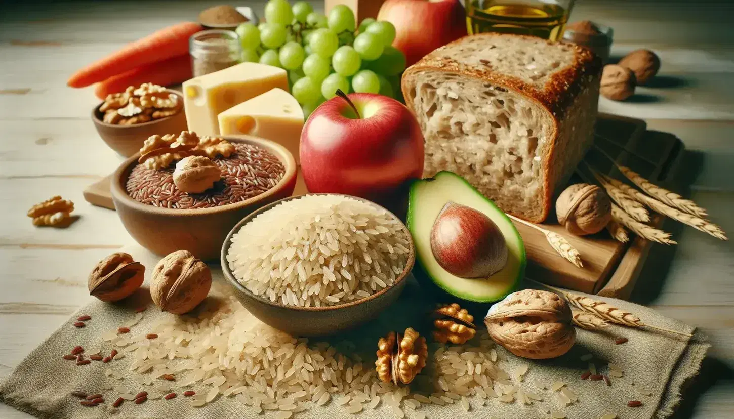 Composizione fotografica di cibi salutari su superficie in legno chiaro con riso integrale, mela rossa, uva verde, pane integrale, formaggio, avocado e noci.
