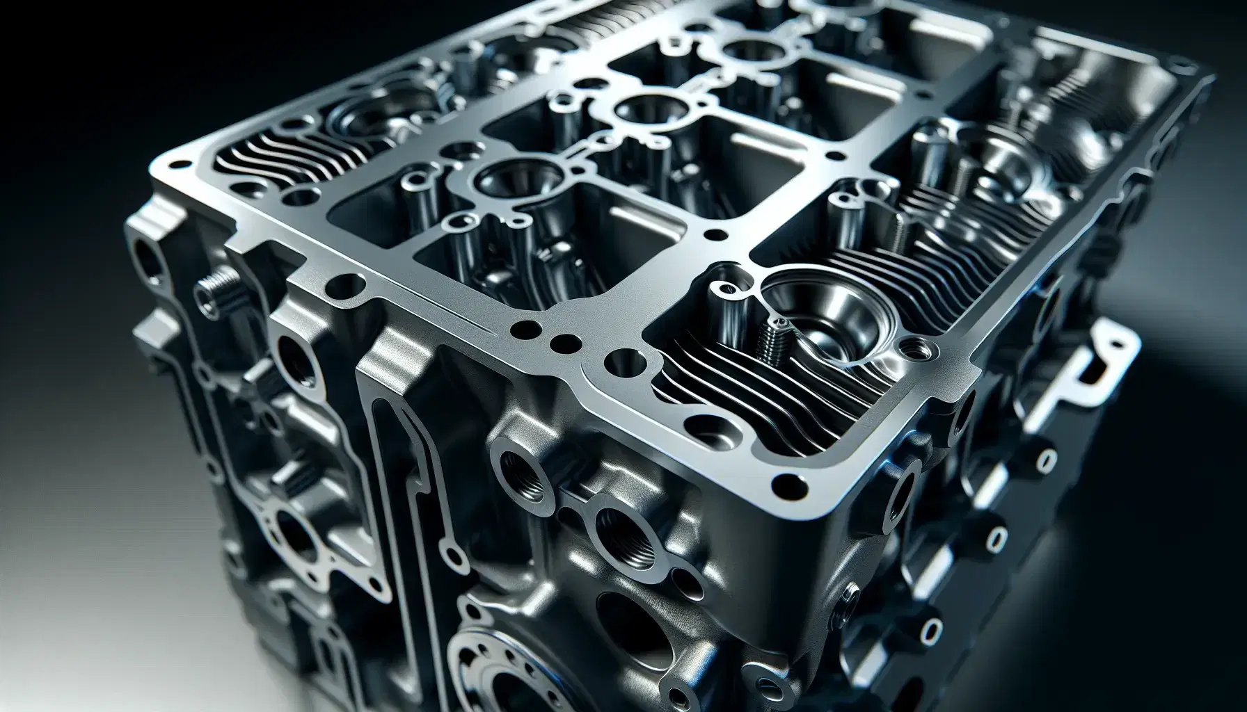 Primer plano de culata de motor de coche metálica gris con canales y cavidades para válvulas, resaltada por iluminación que enfatiza su estructura y disipación de calor.