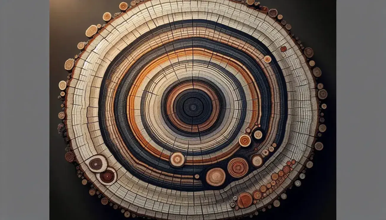 Sezione trasversale di tronco d'albero mostrante il nucleo scuro, anelli annuali in sfumature di marrone e corteccia esterna ruvida.