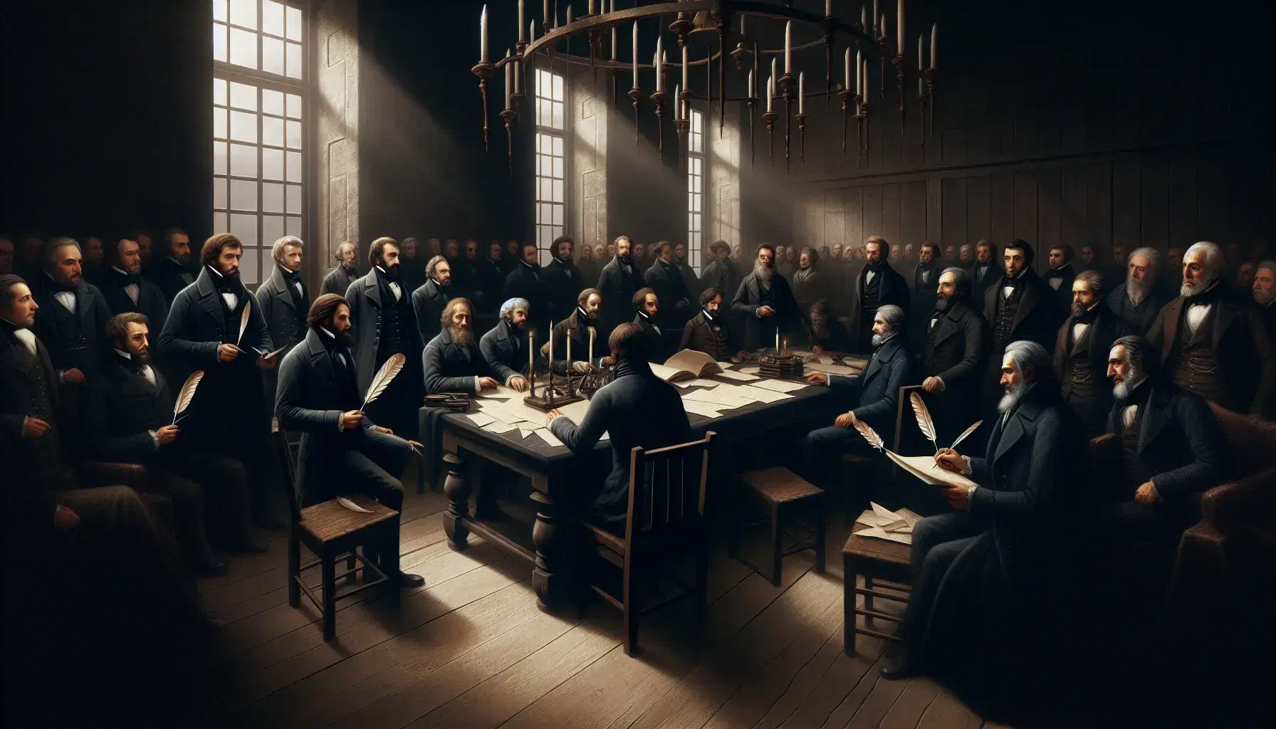 Grupo de hombres en atuendo del siglo XIX discutiendo documentos en una mesa de madera bajo la luz natural de ventanas altas en una sala histórica.