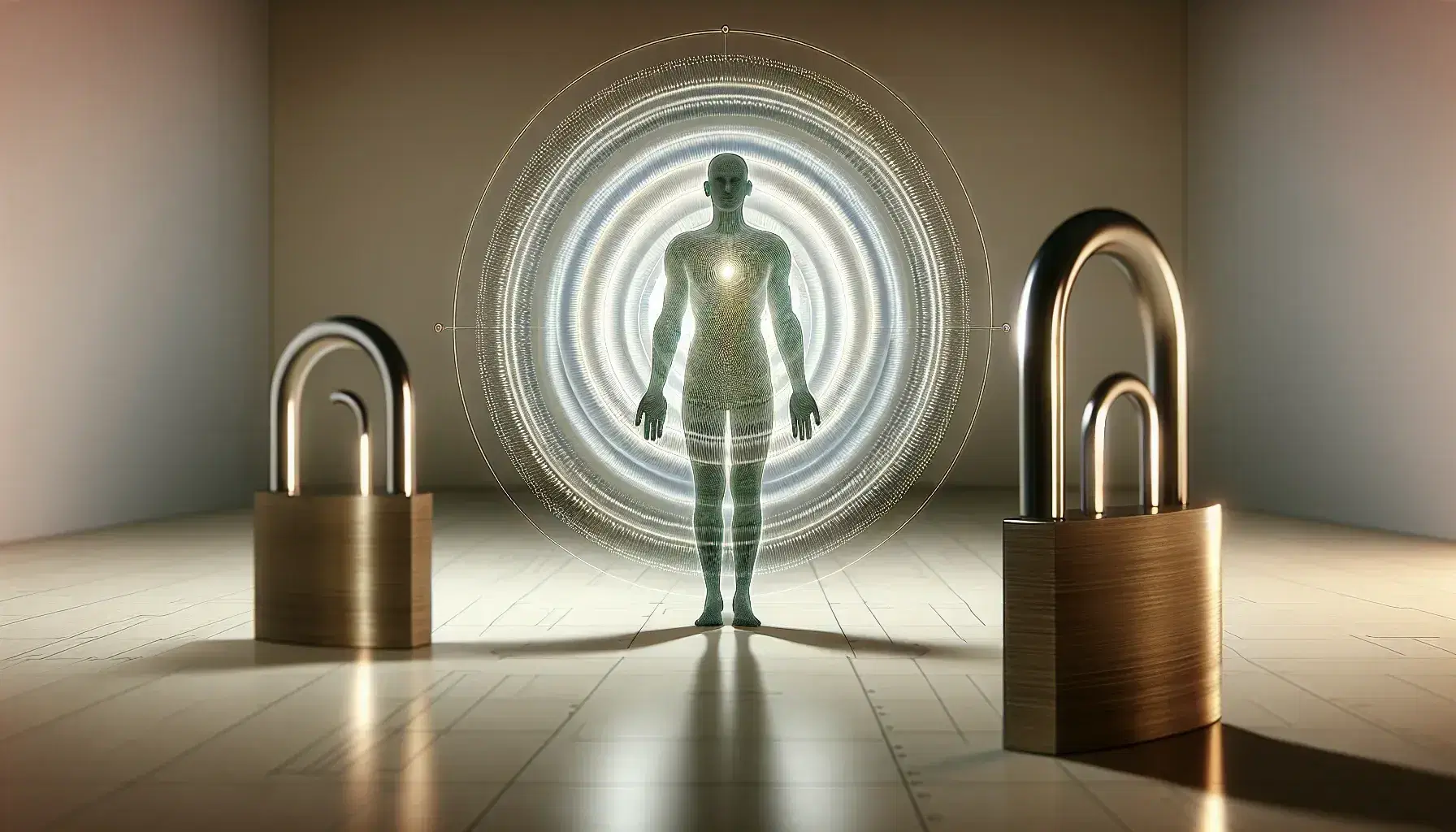 Figura humana de pie con círculos concéntricos alrededor y dos candados cerrados a los lados, simbolizando seguridad y protección personal.