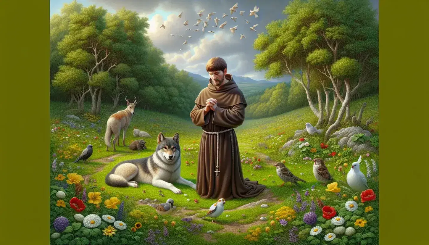 San Francesco d'Assisi in preghiera su un prato fiorito con lupo e uccelli, sotto un cielo azzurro, con colline e chiesetta umbra sullo sfondo.