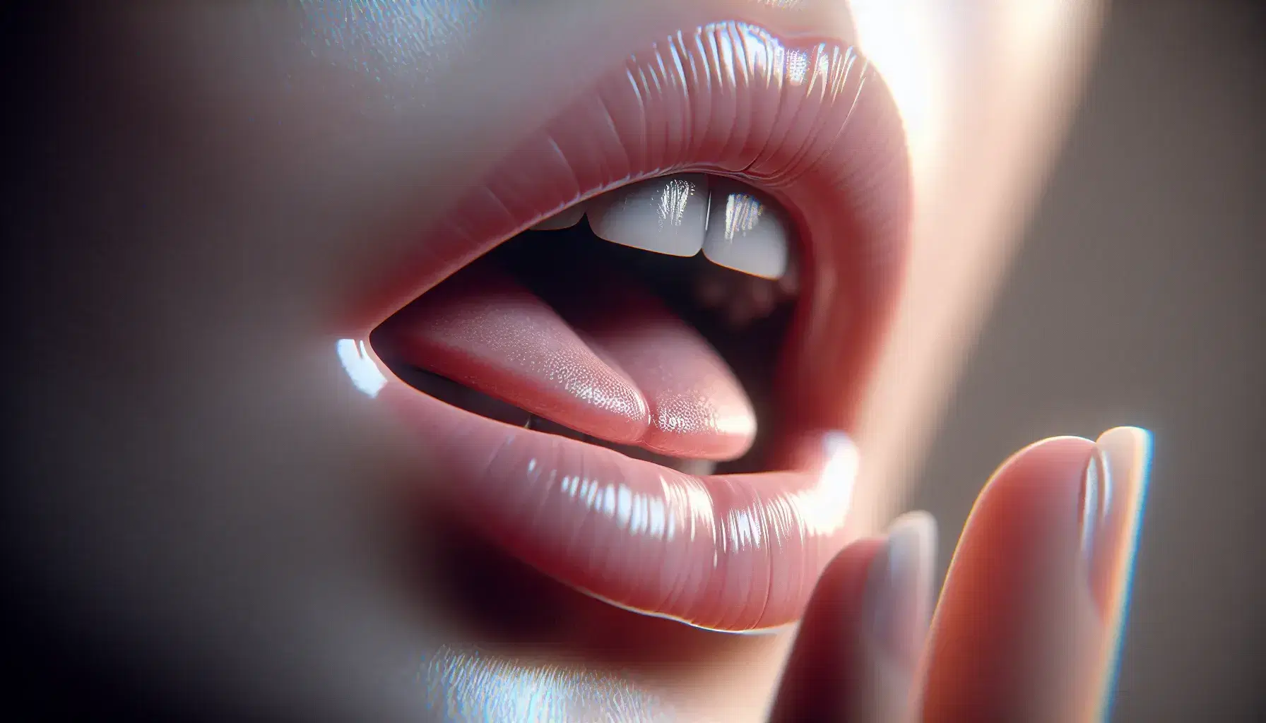 Close-up view of a human mouth with lips slightly parted and tongue raised, demonstrating speech articulation for a consonant sound.
