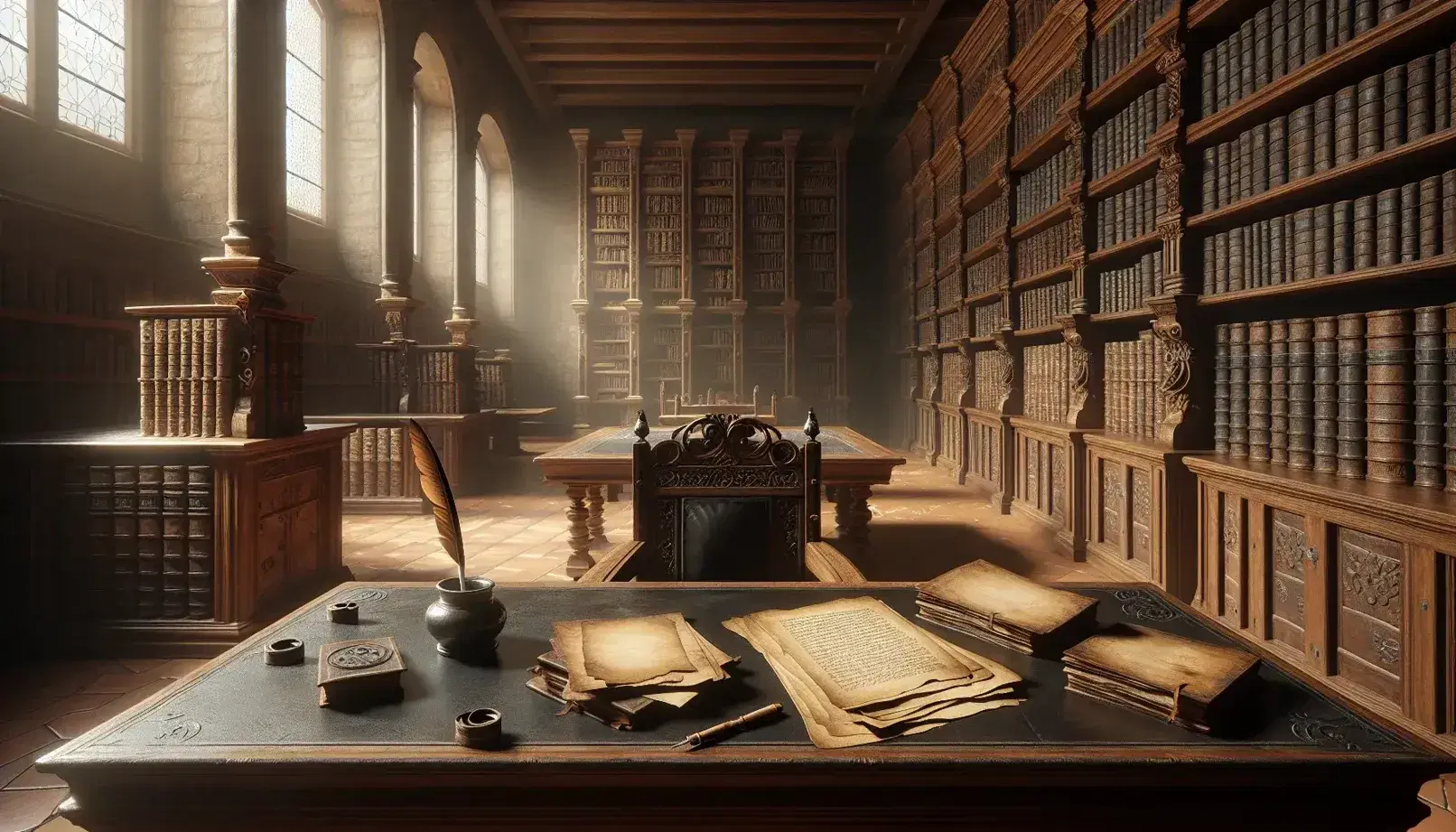 Studio rinascimentale con tavolo in legno, piuma e calamaio, scaffali con libri antichi, finestra luminosa e mappa geografica appesa.