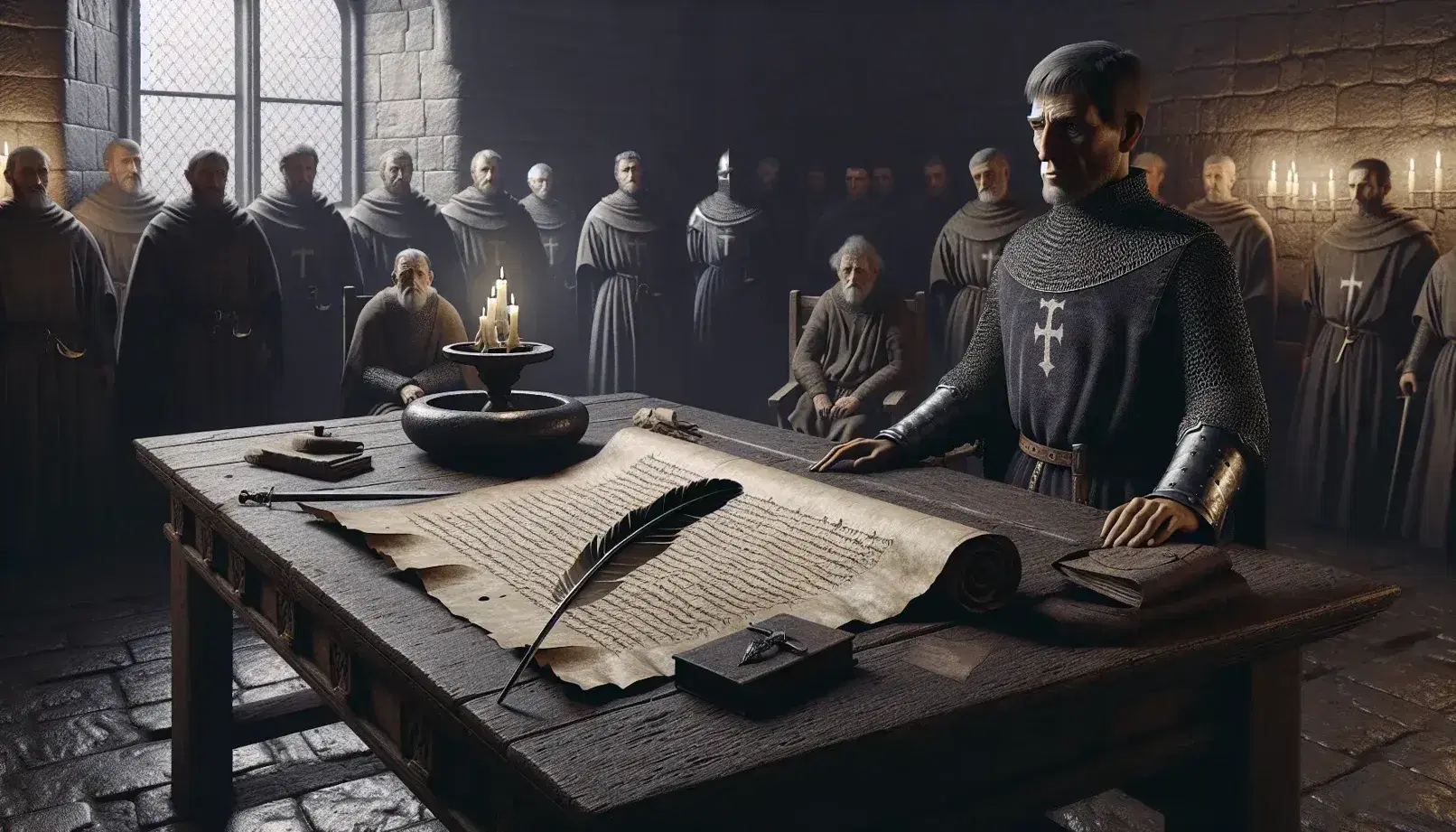 Medieval Norman courtroom with stern judge, knight in chainmail, and attentive commoners, featuring an aged wooden table, parchment, quill, and inkwell.