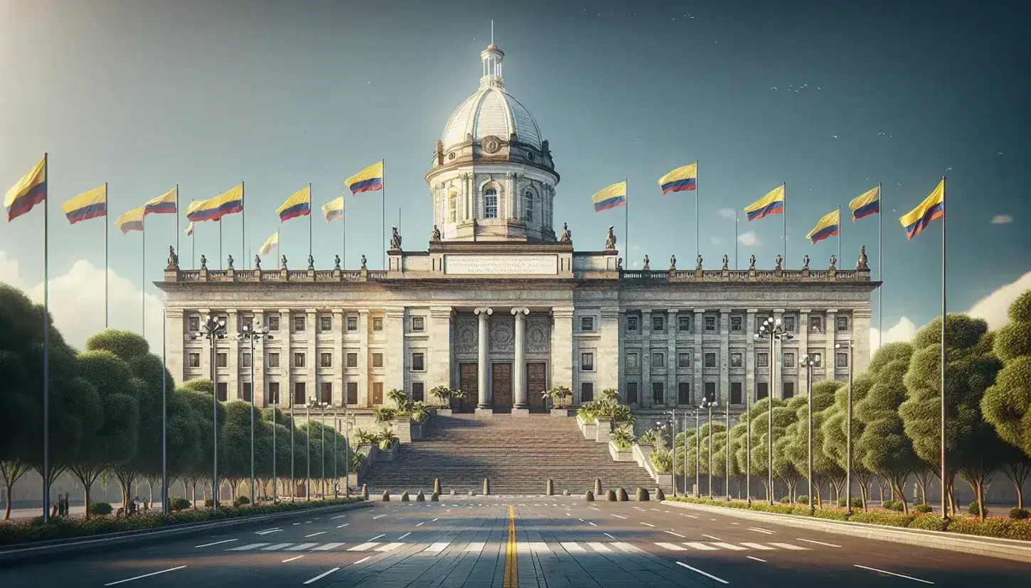 Vista frontal del Capitolio Nacional de Colombia en la Plaza de Bolívar, Bogotá, con banderas ondeantes y cielo azul despejado.