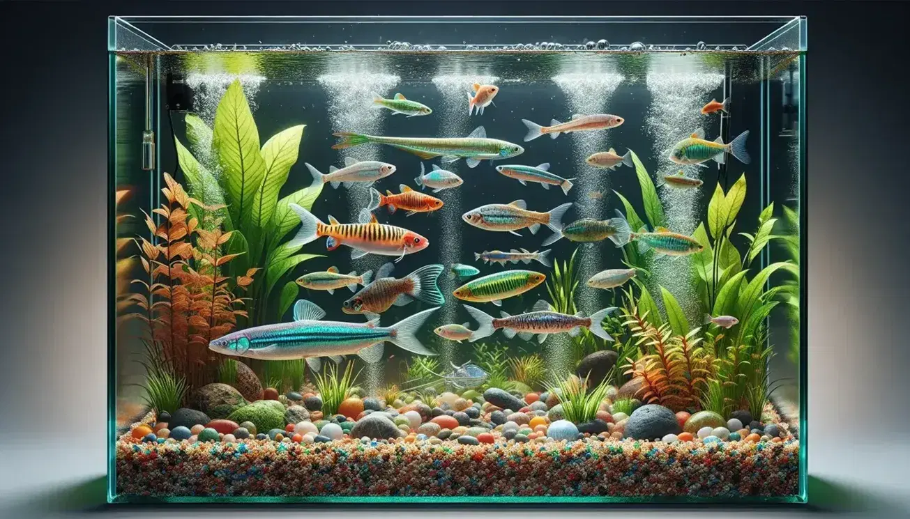 Acuario rectangular con peces coloridos, grava multicolor, plantas acuáticas verdes y burbujas de aire ascendentes, reflejando un hábitat submarino diverso.