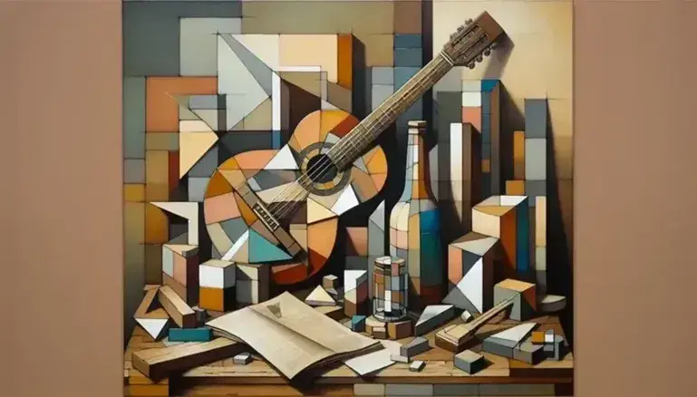 Pintura al óleo de naturaleza muerta cubista con guitarra y botella en tonos ocres, grises y marrones, con textura visible de pinceladas.