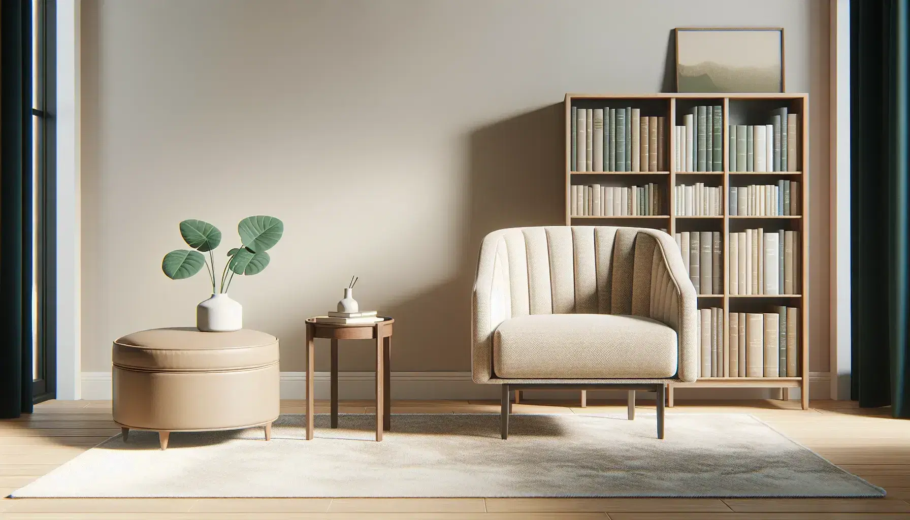 Serene therapeutic office with beige armchair, sofa, wooden bookcase, green plant, white curtains and natural light.