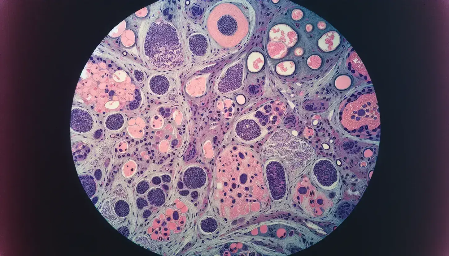Vista microscópica de tejido inflamado con células de diversos tamaños en tonos rosa y morado, y fibras entrelazadas en el espacio extracelular.