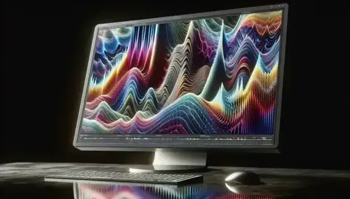 Wavelet transform visualization on computer screen with colorful oscillating waves, transitioning from blues to reds, against a dark background.
