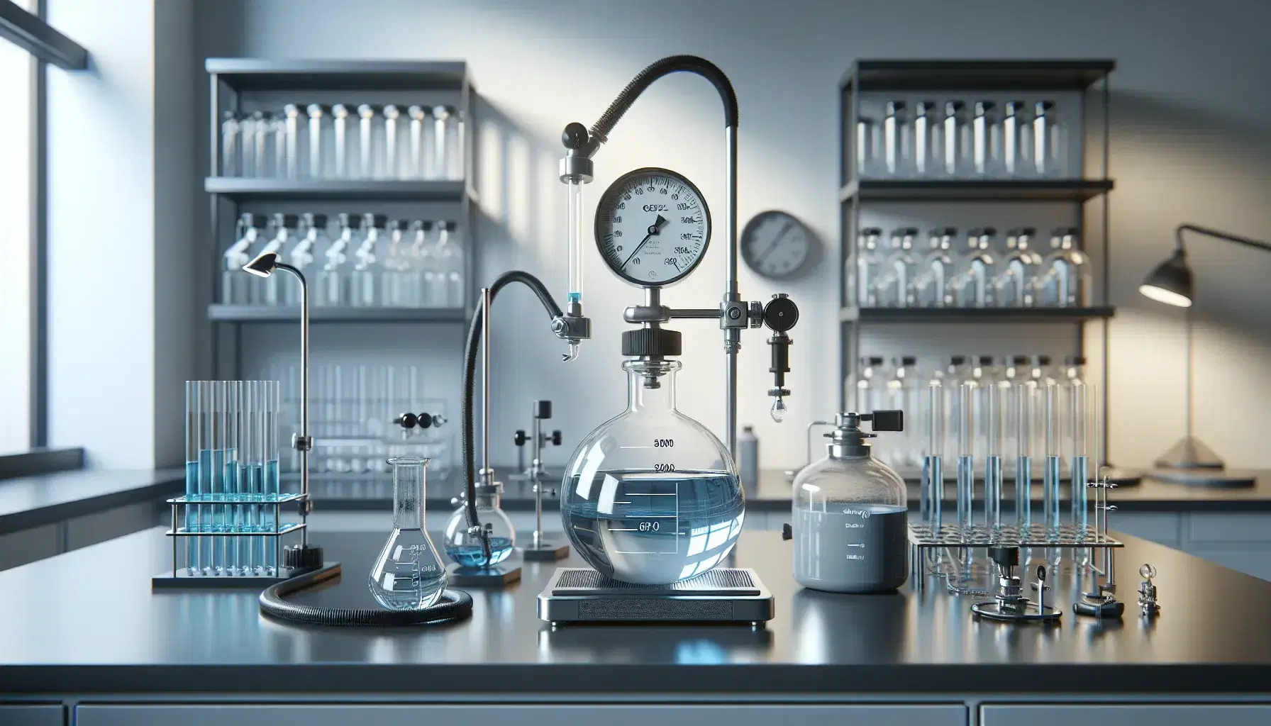 Laboratorio scientifico illuminato con tavolo grigio, strumenti vari, fiasco con tubo, manometro, cilindro graduato con liquido blu, bombola di gas e bruciatore Bunsen acceso.