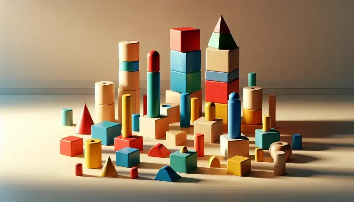 Bloques de madera geométricos de colores primarios y secundarios apilados y dispersos, con una torre central de cubo rojo, cilindro azul y prisma amarillo.