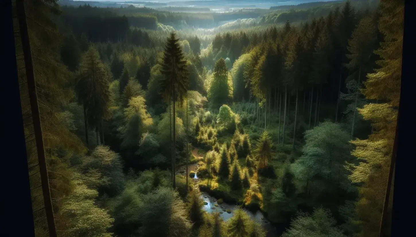Vista panorámica de un bosque denso con árboles de distintas alturas y tonalidades de verde, un arroyo serpenteante y fauna como un ciervo y patos bajo un cielo despejado.