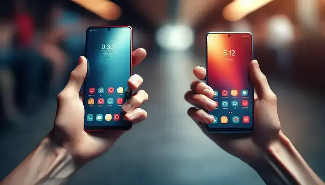 Two hands holding smartphones with colorful cases, fingers poised to type on vibrant screens, symbolizing digital communication in a blurred indoor setting.