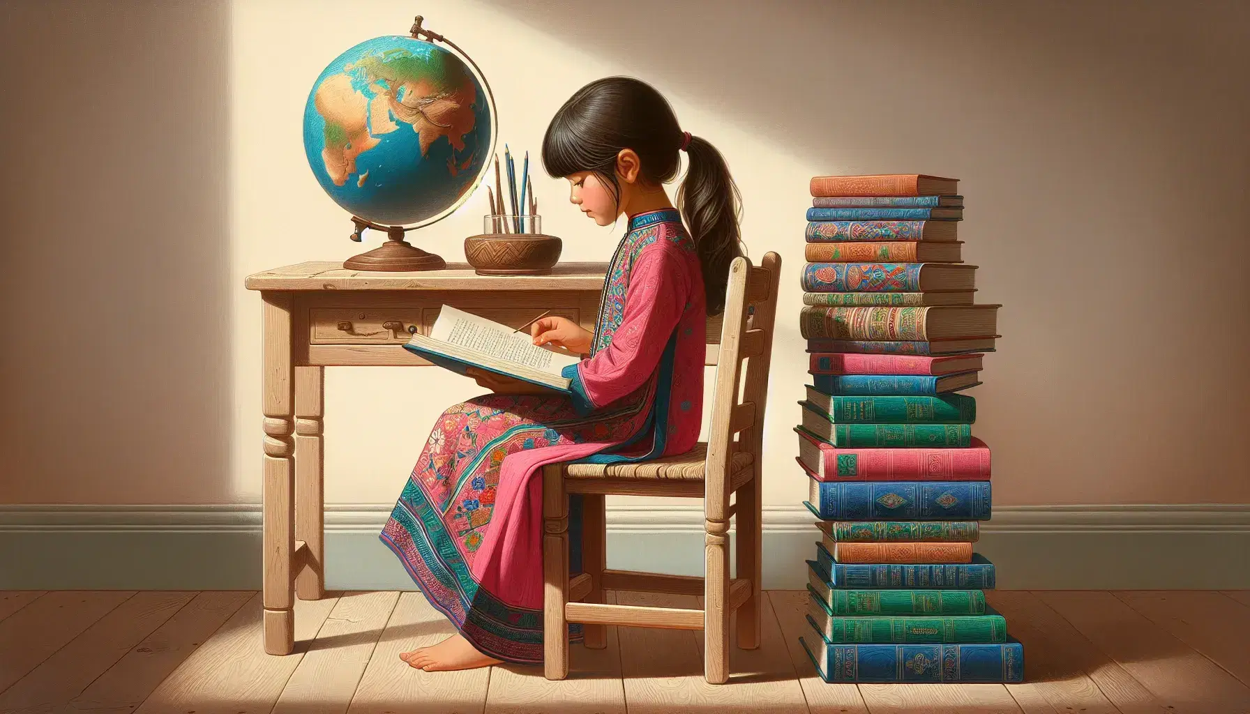 Ragazza con capelli scuri legati in coda indossa shalwar kameez colorato, legge libro aperto e ha accanto un mappamondo e libri impilati su tavolo in legno.