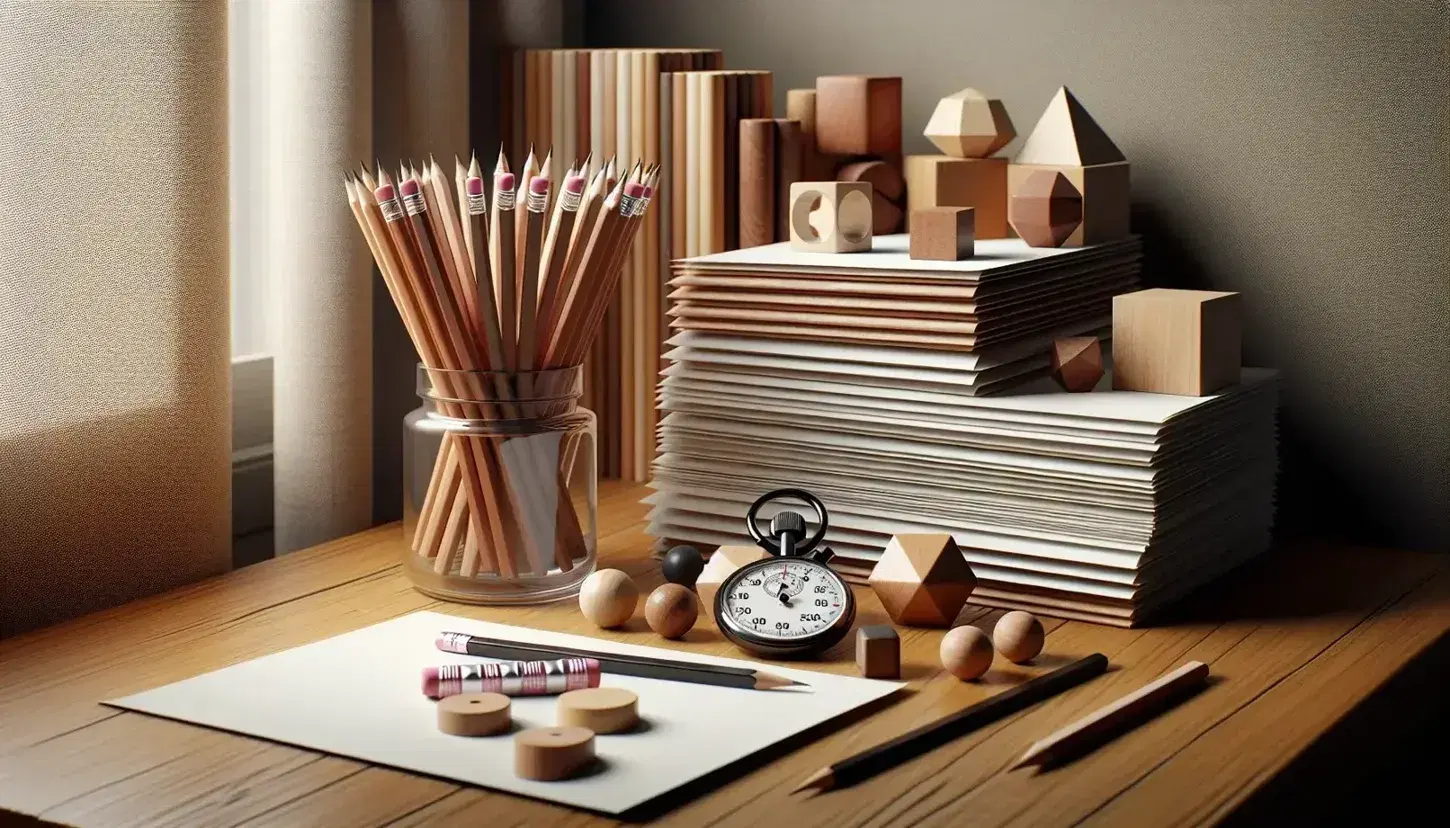 Close-up of a wooden desk with white sheets, jar of colored pencils, black analog stopwatch and wooden geometric blocks.