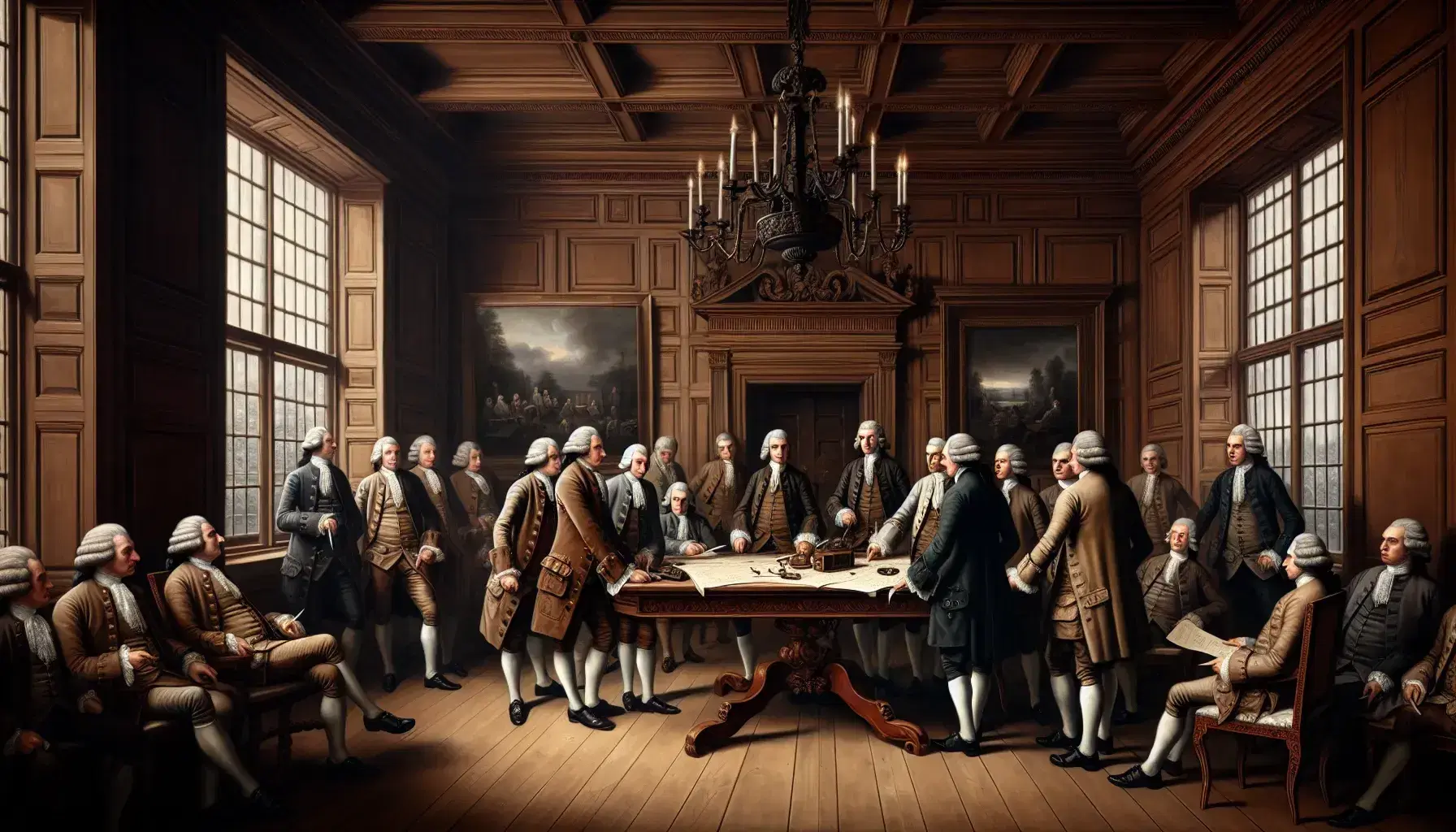 Late 18th-century political meeting in a wood-paneled room with men in period attire discussing around a mahogany table with quill pens and parchment.