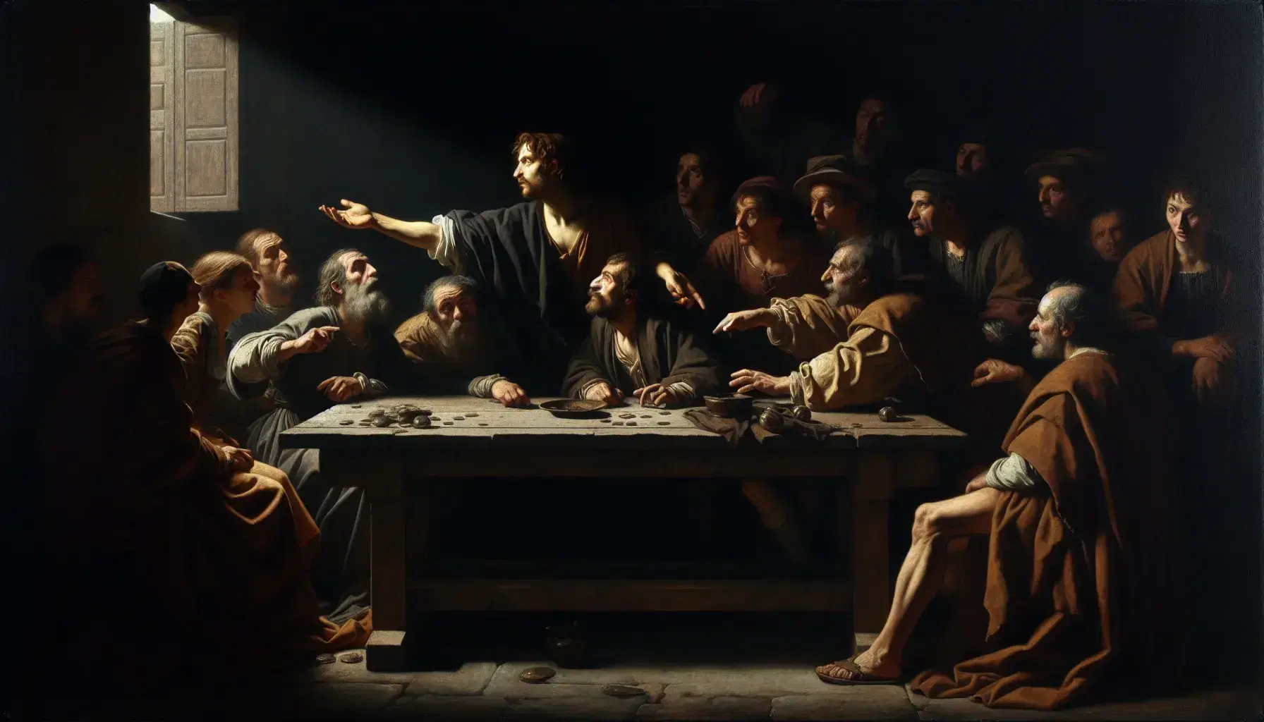 Riproduzione del dipinto 'La Vocazione di San Matteo' di Caravaggio con chiaroscuro marcato, uomo in piedi indica sorpreso seduto.