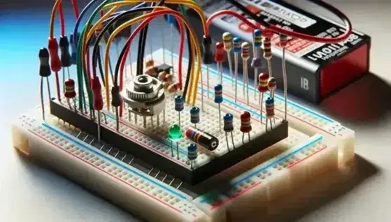 Circuito eléctrico en protoboard con motor, LED apagado, resistencias y cables de colores conectados a batería de 9 voltios.