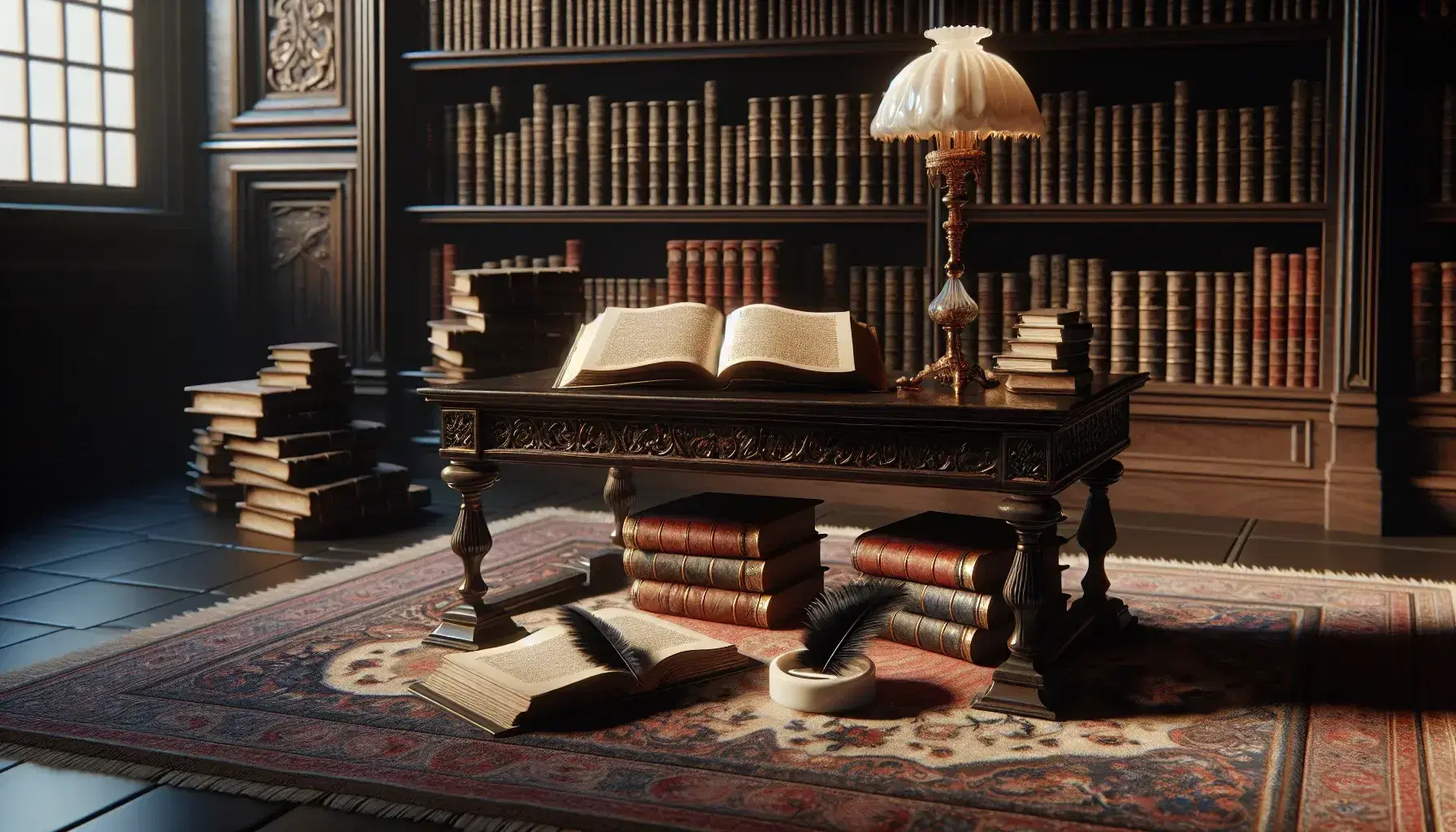 Biblioteca antigua con mesa de madera oscura y libros apilados, pluma en tintero de porcelana, estantería repleta y lámpara de pie, junto a silla con cojín rojo y alfombra persa.
