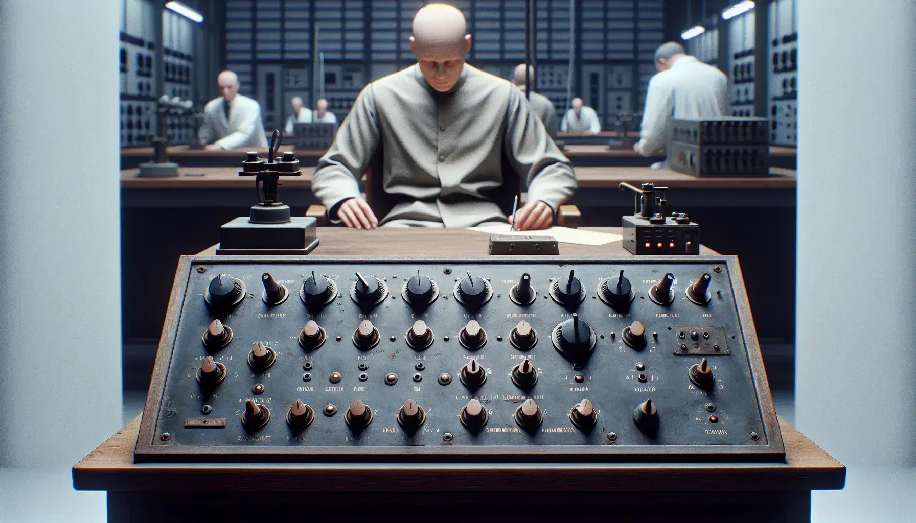 Laboratory with electroshock experiment equipment, control panel with switches and knobs, two researchers in lab coats analyze the data.