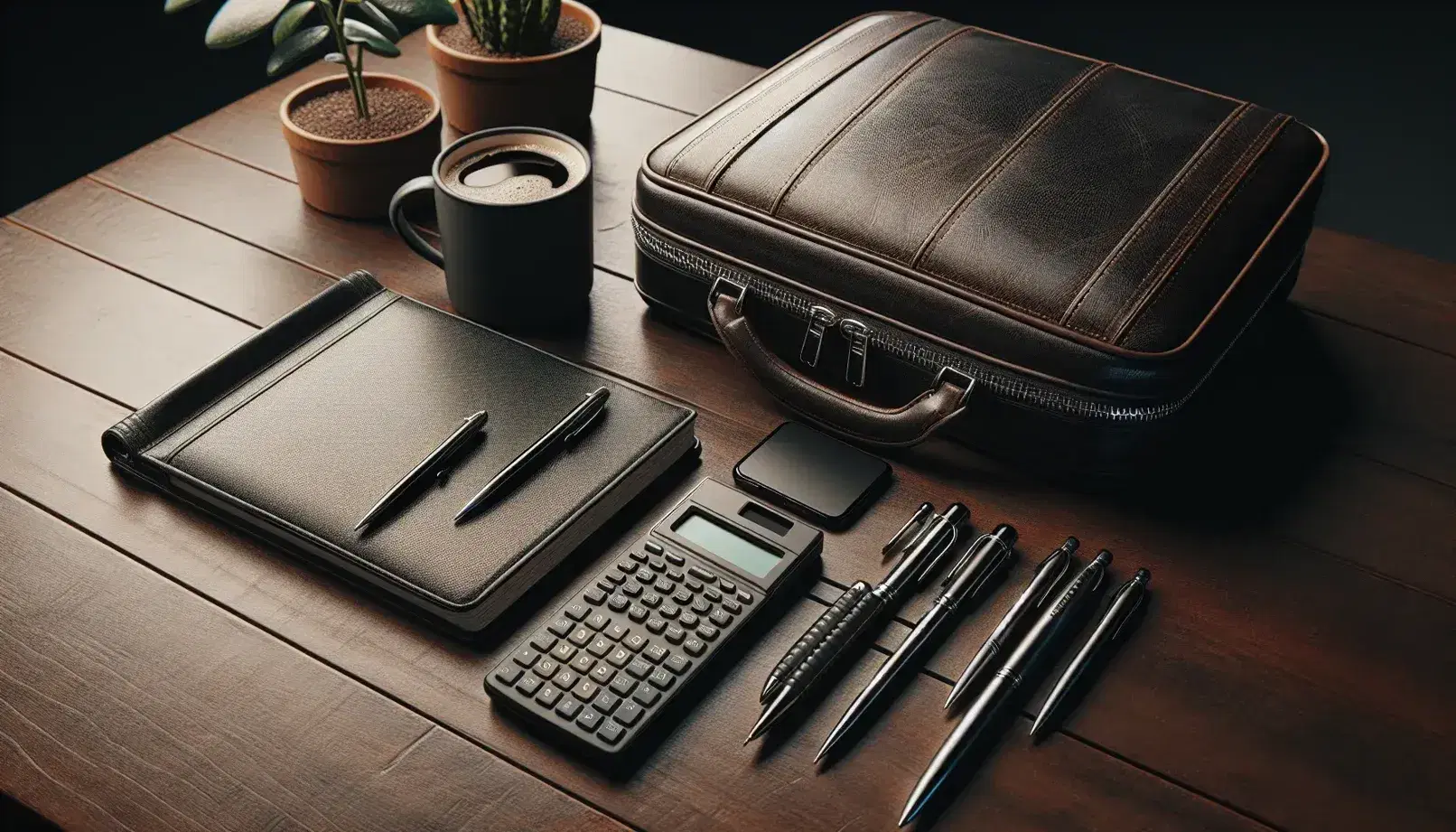 Mesa de madera oscura con maletín de cuero negro, smartphone, bolígrafos metálicos, calculadora científica, libreta y taza de café, junto a planta interior.