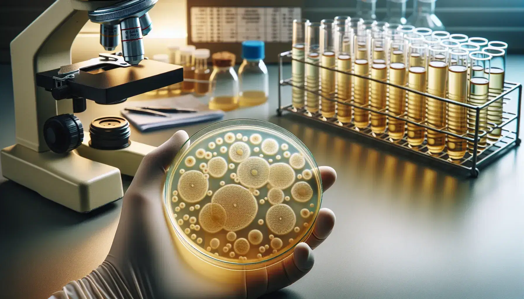 Close-up of a petri dish with agar showing clear bacteriophage plaques on a bacterial lawn, with a microscope and test tubes in the background.