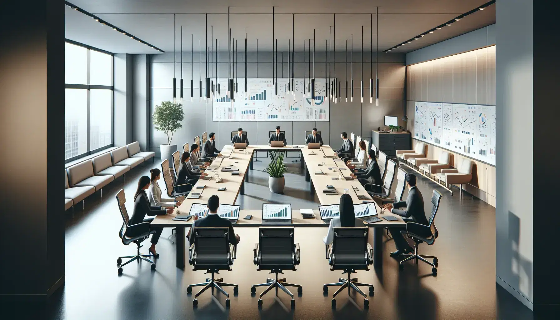 Oficina moderna con mesa de reuniones, laptops con gráficos, profesionales trabajando y pizarra con diagramas en fondo neutro.