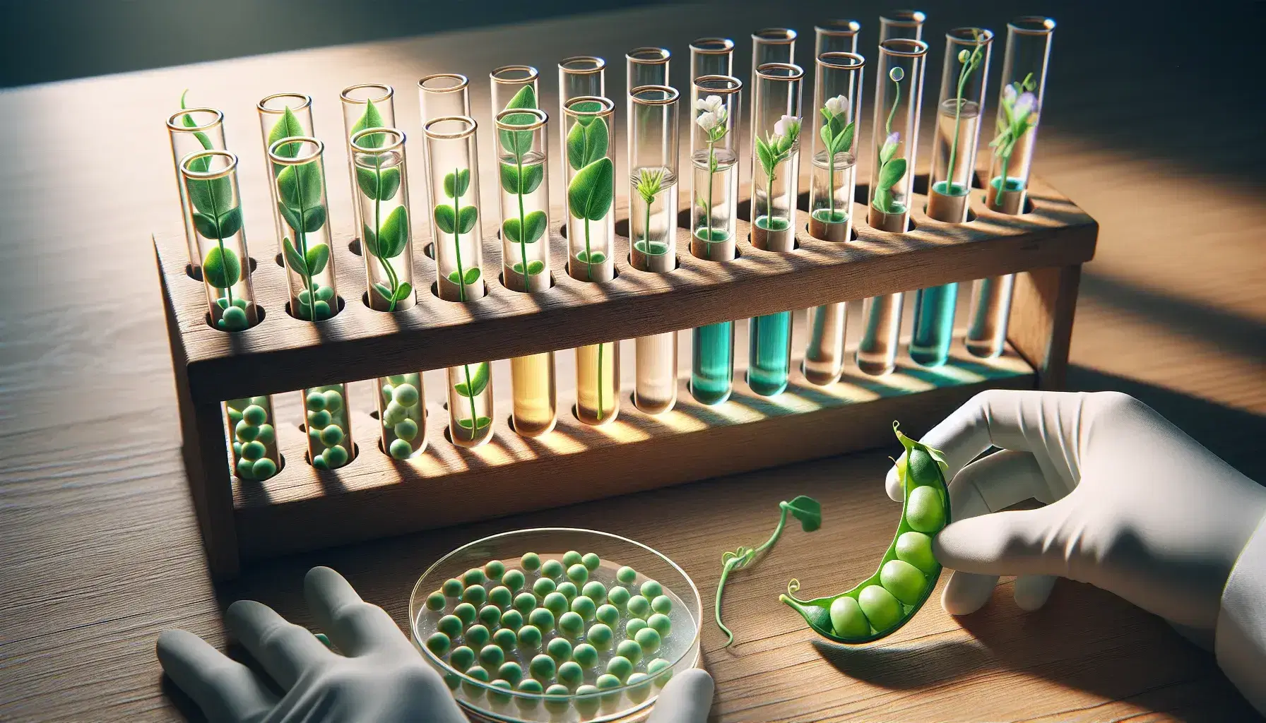 Close-up view of a wooden lab table with a rack of colorful liquids in test tubes and pea plants in a petri dish, with gloved hands placing a pea pod.