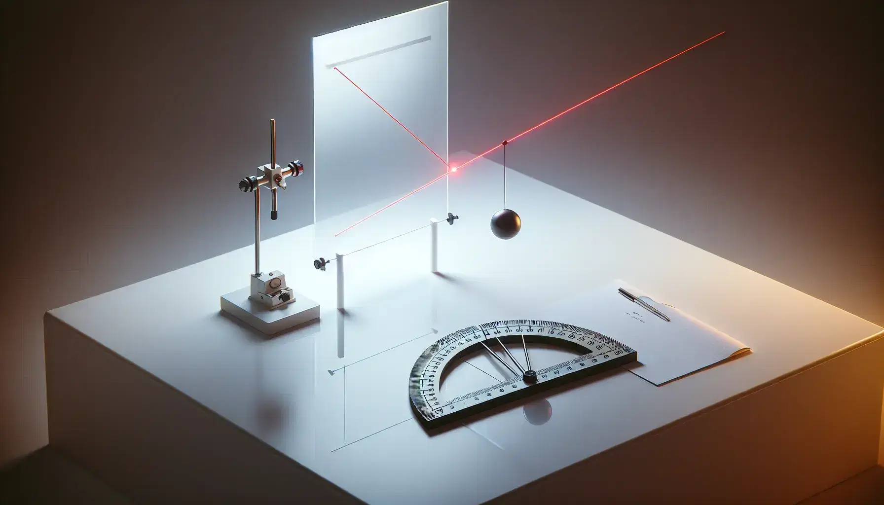 Laser beam experiment setup on a white table with a protractor and a stationary spherical pendulum in a blurred laboratory background.