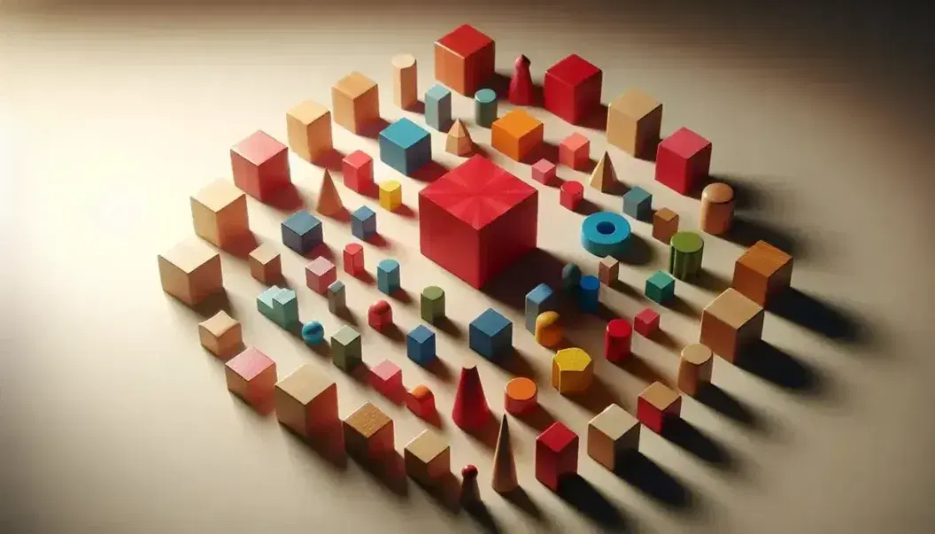 Bloques de madera geométricos en colores variados y formas como cubos, cilindros y pirámides, dispuestos radialmente alrededor de un cubo rojo central sobre superficie lisa.