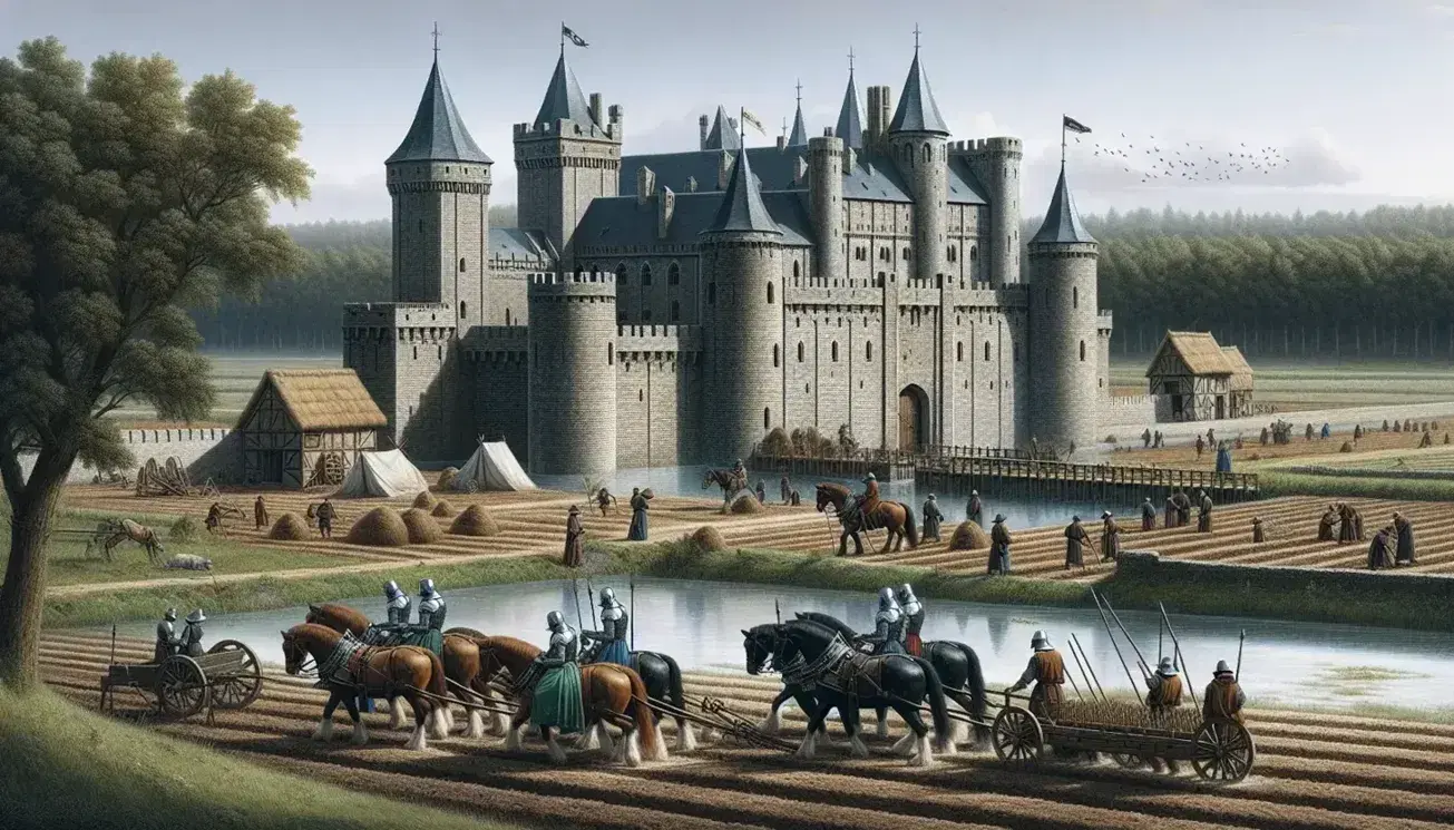 Castillo medieval de piedra con foso y puente levadizo, campesinos trabajando la tierra y caballeros armados a caballo bajo un cielo azul.