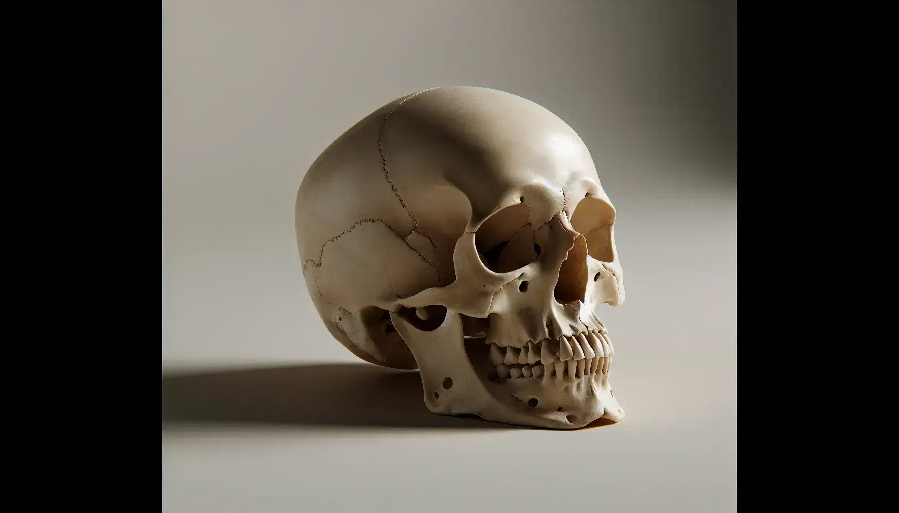 Teschio umano reale di colore avorio con sfumature beige, posizionato di lato su sfondo neutro, con dettagli delle suture craniche visibili.